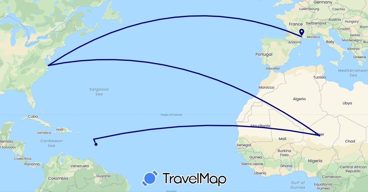 TravelMap itinerary: driving in France, Martinique, Niger, United States (Africa, Europe, North America)